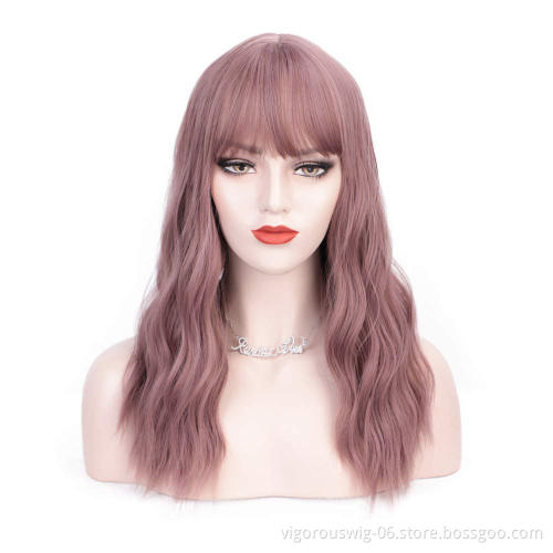 Purple Color Long Wavy Middle Part Hair Heat Resistant Cheap Wig With Bangs Synthetic Fiber Hair Wigs For Women
